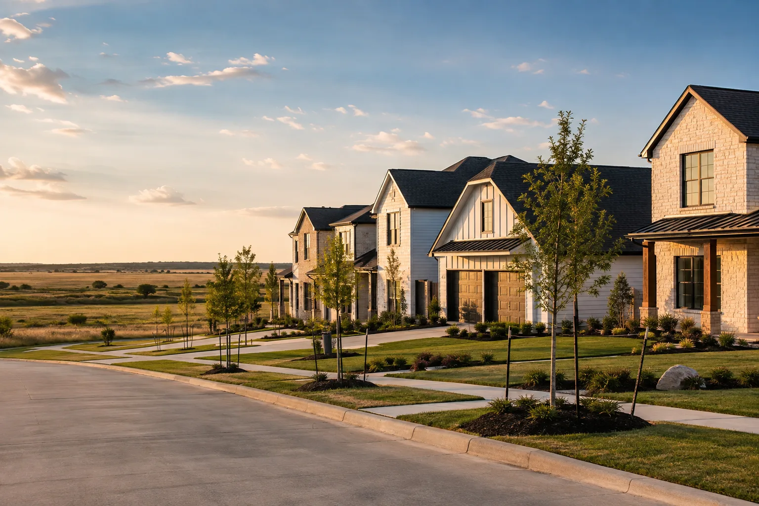 Newly built homes in a growing Hockley community with open prairie beyond
