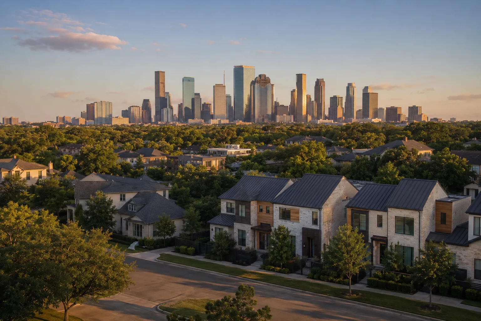 Leafy Houston neighborhood with the downtown skyline rising in the distance