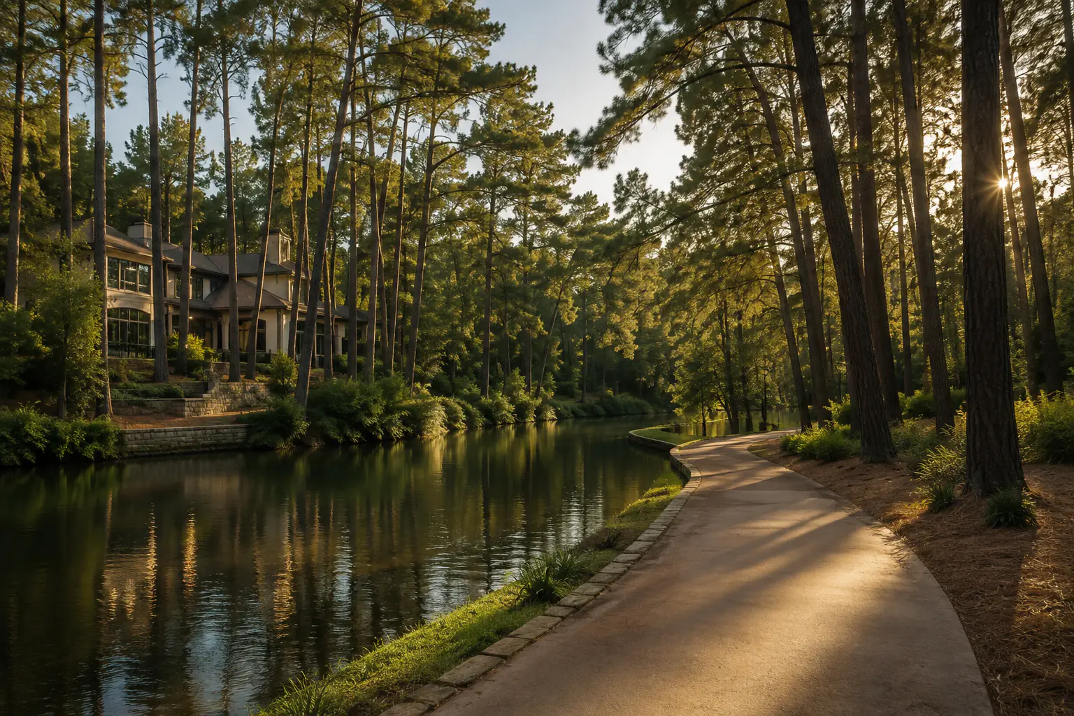 Walking trail beside a calm waterway among tall pines in The Woodlands