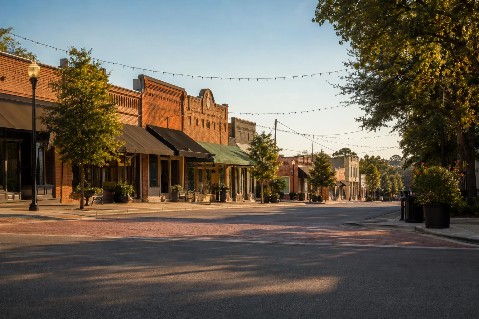 Historic main street in Tomball with preserved brick storefronts and string lights