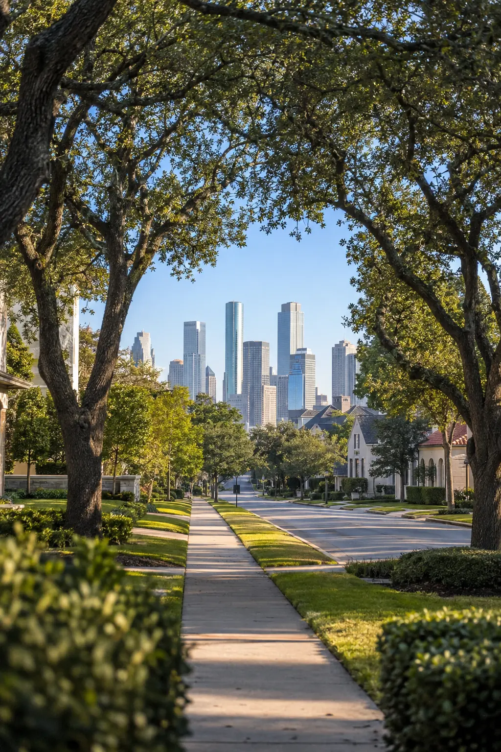 Tree-lined neighborhood path with the Houston skyline in the distance