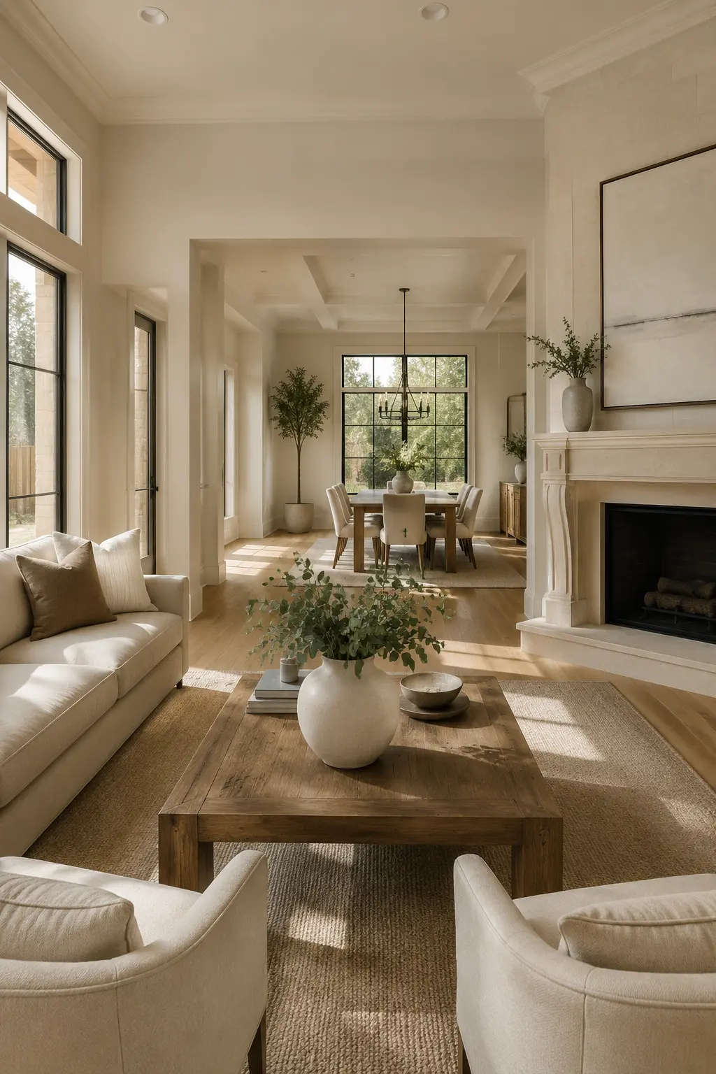 Staged living room with tall windows, a fireplace and warm natural light