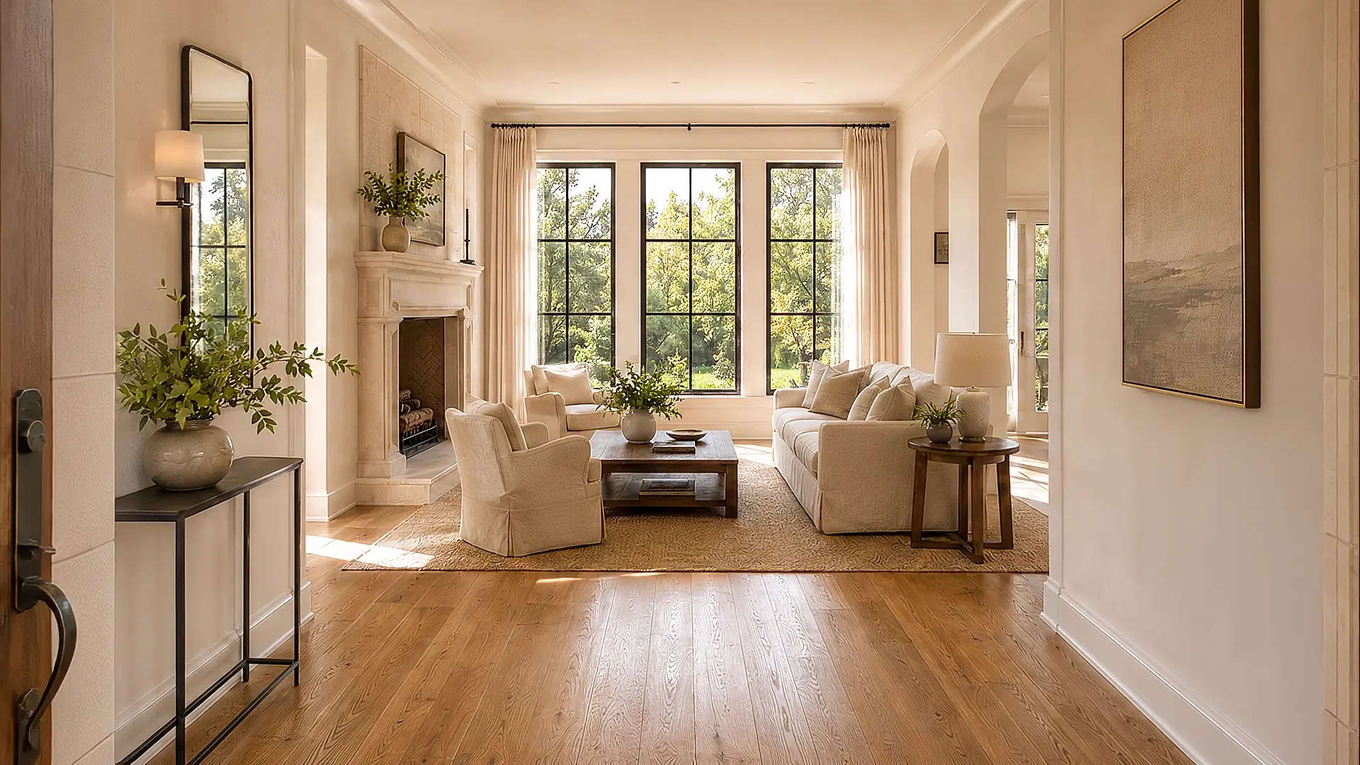 The front door of a Houston home opening onto a sunlit living room with oak floors and a stone fireplace